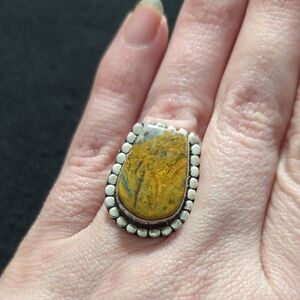 Silver Plated Yellow Bumblebee Jasper Gemstone Shield Style Statement Ring - 6.5